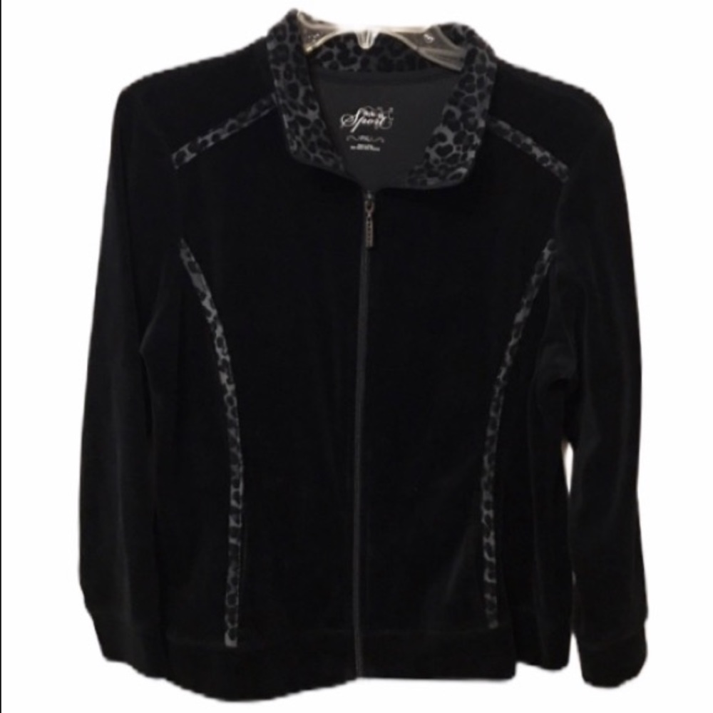 Style & Co. Black Velour Full Zip Jacket Cheetah Trim PXL -Petite XL